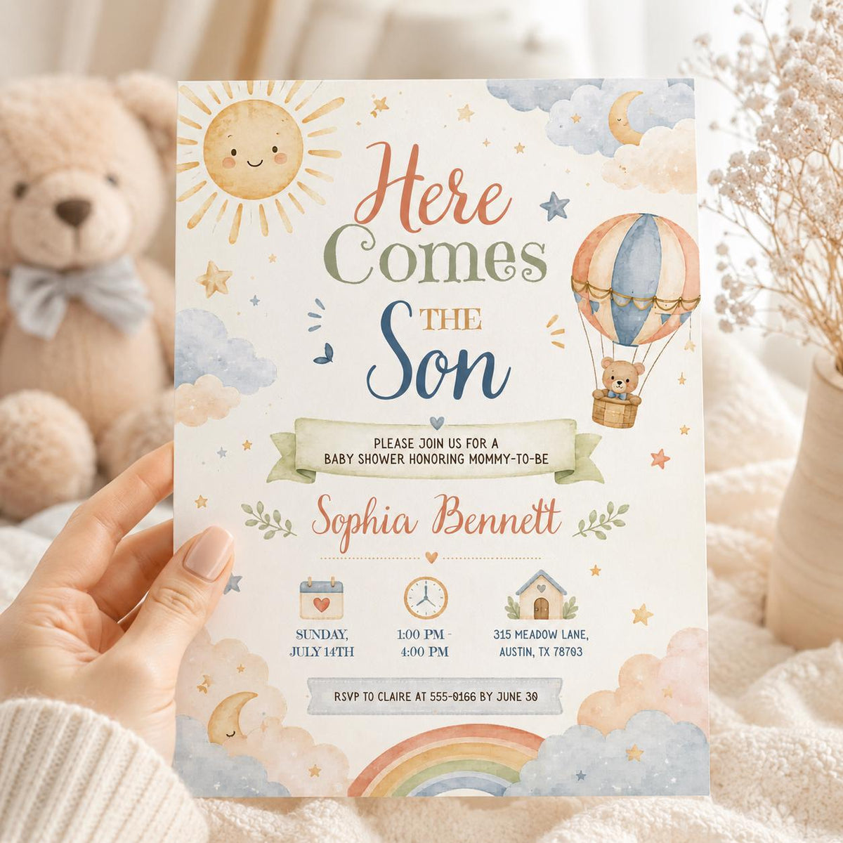 Watercolor Here Comes the Son Baby Shower Invitation — balloon and hot air balloon design