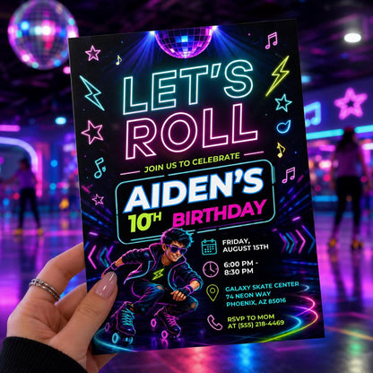 Neon Roller Skate  Invitation, Let's Roll Party Invite, Roller Skate invite, Retro Rollerskate Invite, Skate Rink Party, Canva Template __etsy:8105239753