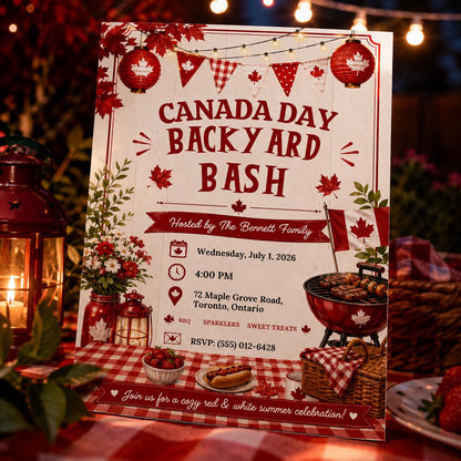 Canada Day Invitation, Backyard BBQ Party Invite, Red White Summer Bash, Maple Leaf Picnic, Editable Canva Template Printable Invite Decor!! __etsy:8105263080