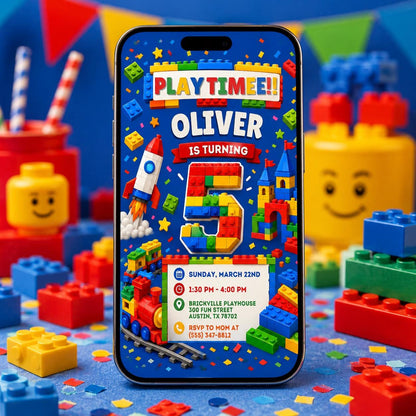 5th Birthday Building Blocks Invitation, Bricks Party Invite, Master Builder, Boy Birthday Invitation, Editable Canva Template __etsy:8105426083