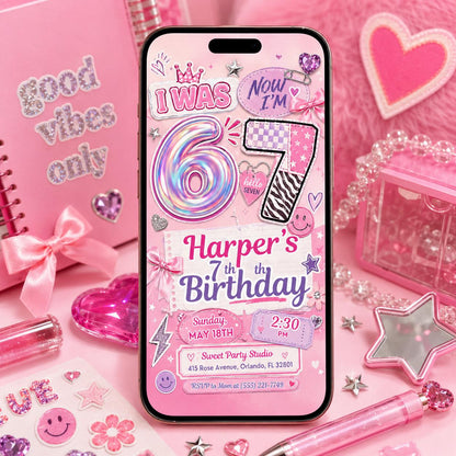 I Was Six Now I'm Seven Birthday Invitation — bow design