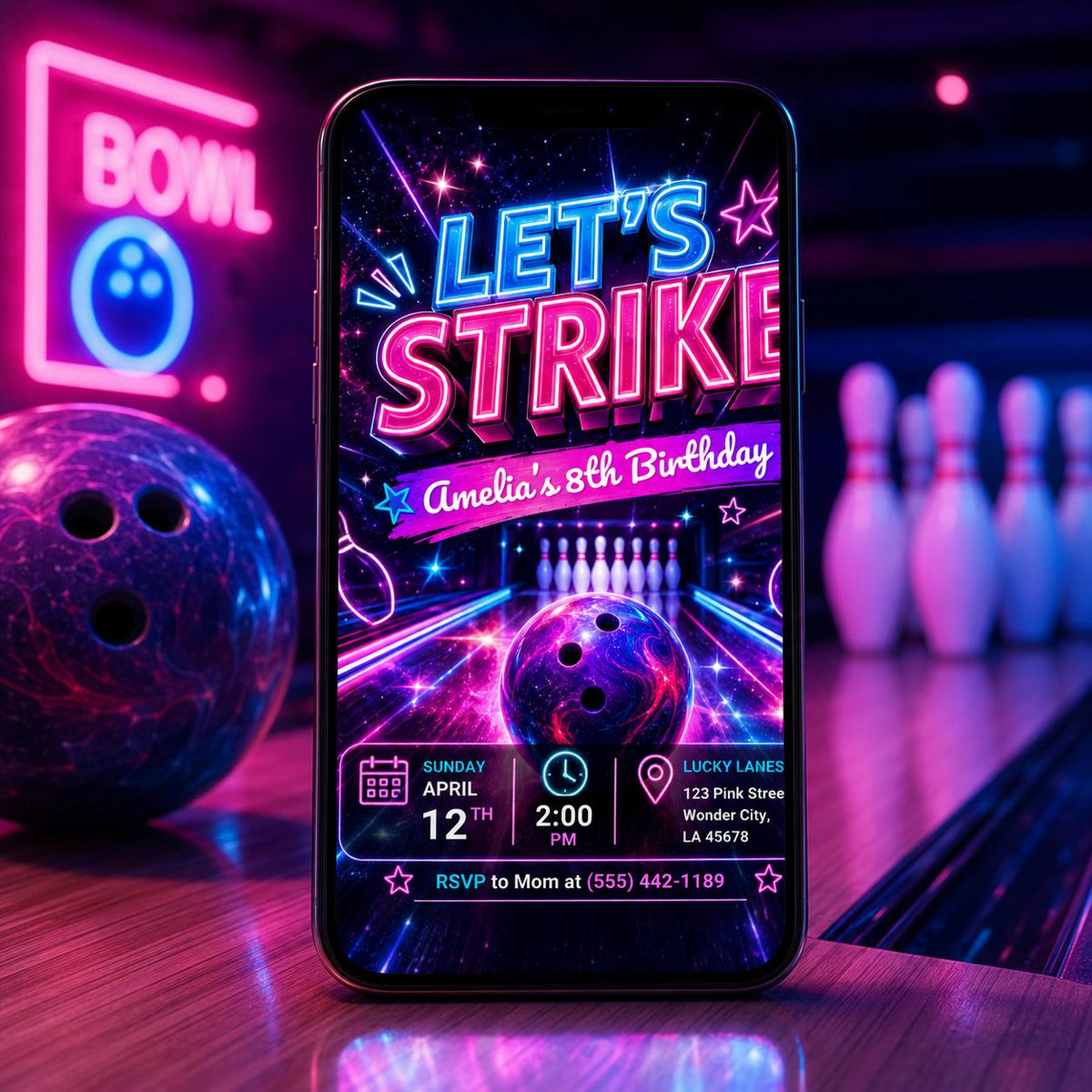 Neon Let's Strike Bowling 8th Birthday Invitation — invitation you personalize in Canva