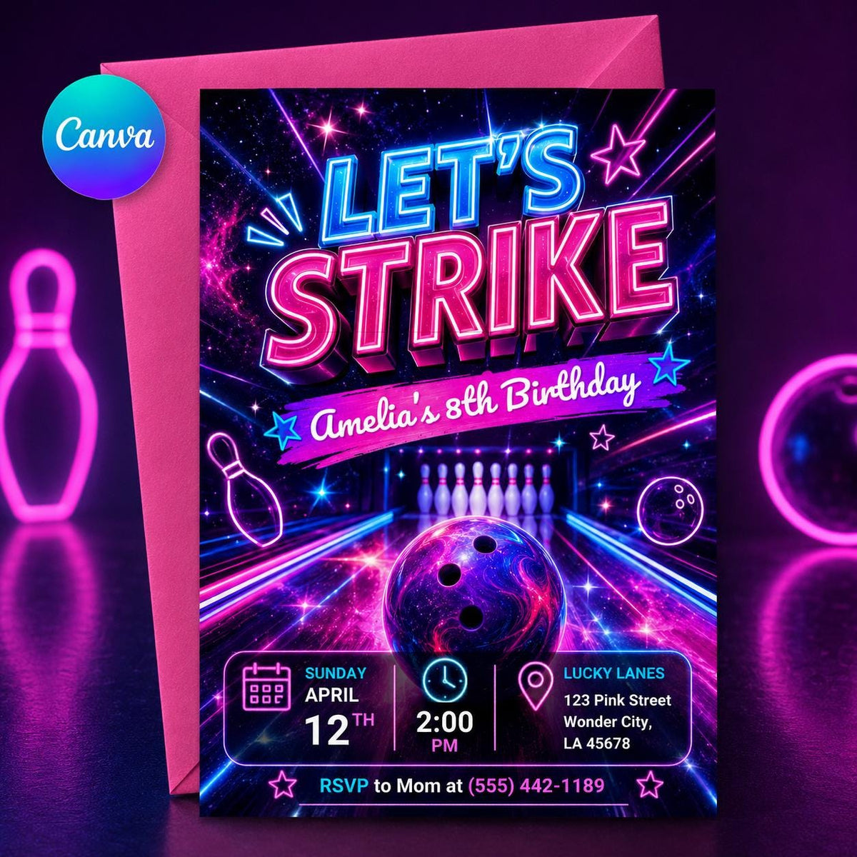 Neon Let's Strike Bowling 8th Birthday Invitation — editable Canva template