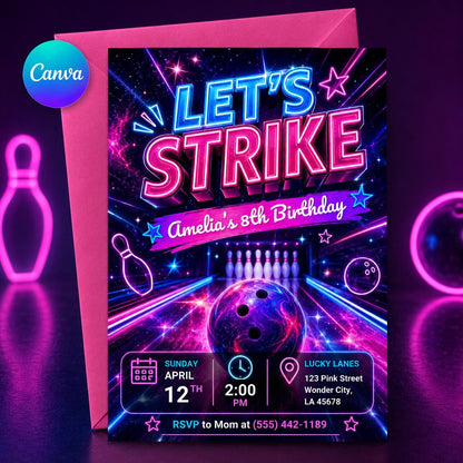 Neon Let's Strike Bowling 8th Birthday Invitation — editable Canva template