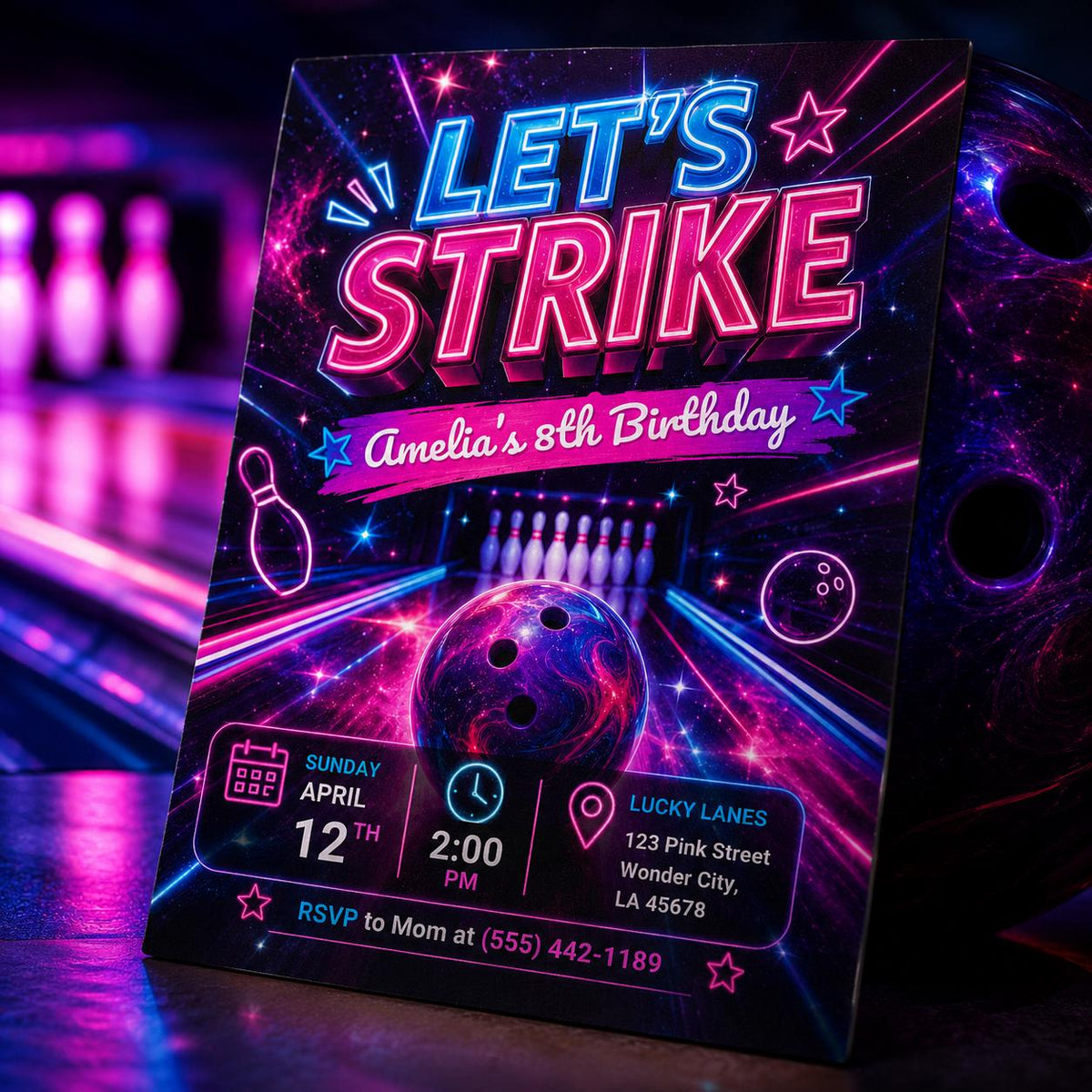 Neon Let's Strike Bowling 8th Birthday Invitation — print-ready 8th birthday party design from VoltBy