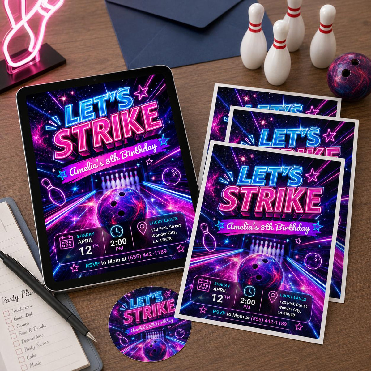 Neon Let's Strike Bowling 8th Birthday Invitation — digital invitation, instant download