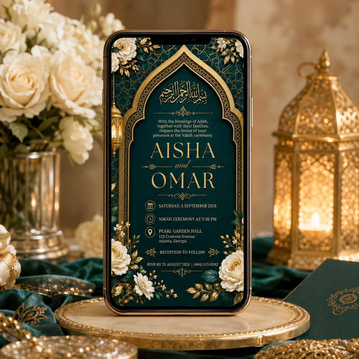 Editable Islamic Nikah Invitation, Emerald Gold Wedding Canva Template, Muslim Nikkah Invite, Floral Printable Digital Invite Card for Bride __etsy:8105442018