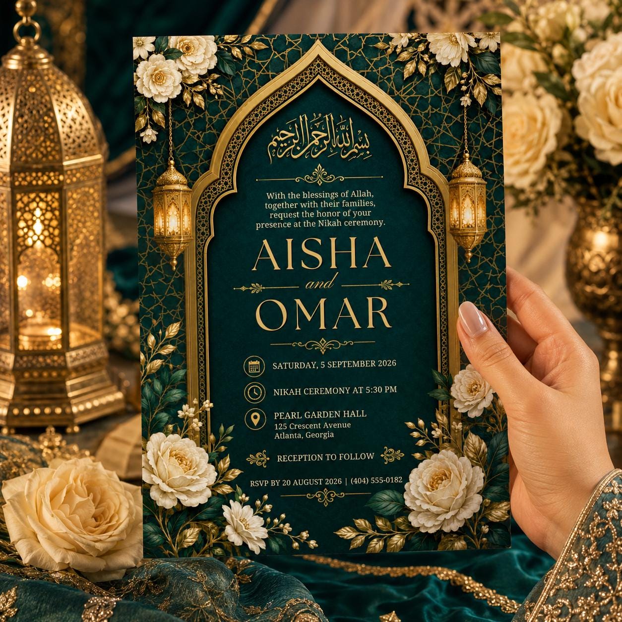 Editable Islamic Nikah Invitation, Emerald Gold Wedding Canva Template, Muslim Nikkah Invite, Floral Printable Digital Invite Card for Bride __etsy:8105442024