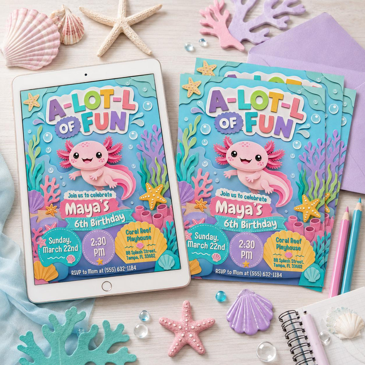 A-Lot-L of Fun Axolotl 6th Birthday Invitation — invitation you personalize in Canva