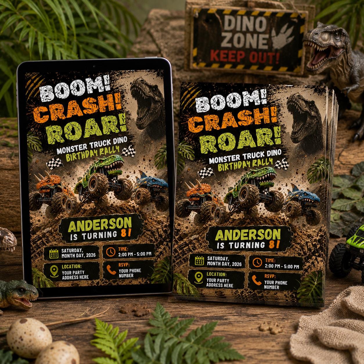 Editable Dinosaur Monster Truck Birthday Invitation, Dino Rally Party Invite, Canva Template, Printable Dino four invite, Three rex invite __etsy:8105836544
