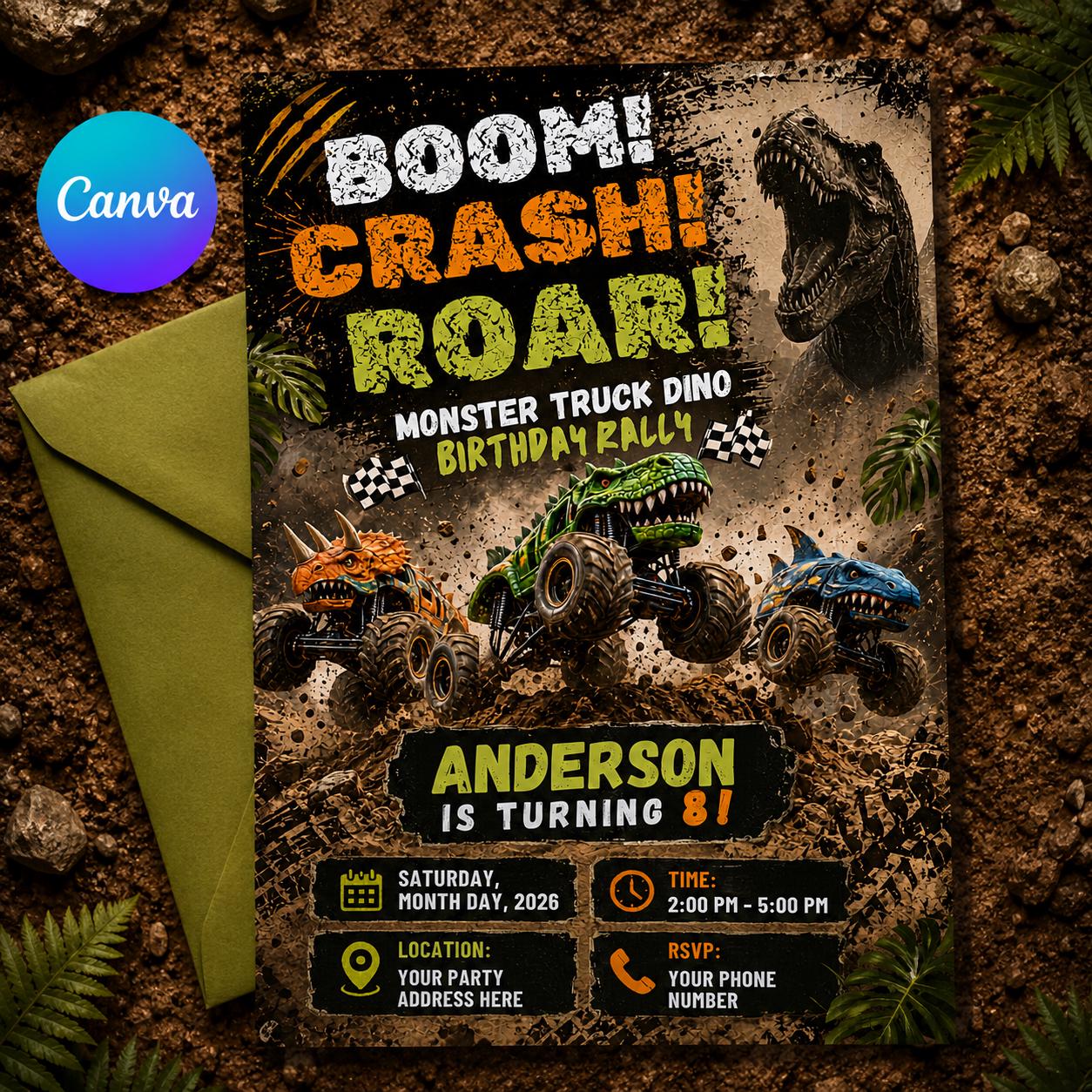 Editable Dinosaur Monster Truck Birthday Invitation, Dino Rally Party Invite, Canva Template, Printable Dino four invite, Three rex invite __etsy:8105836614