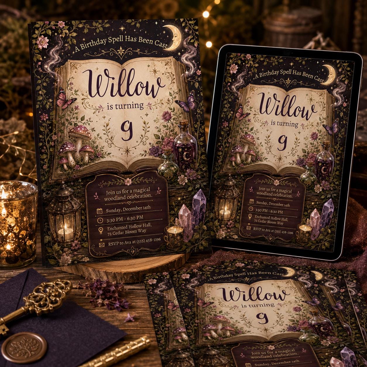 Editable Magic Spell Birthday Invitation Template, Woodland Fairy Witch Party Canva Invite, Enchanted 9th Birthday, invitation Girl DIY __etsy:8105837584