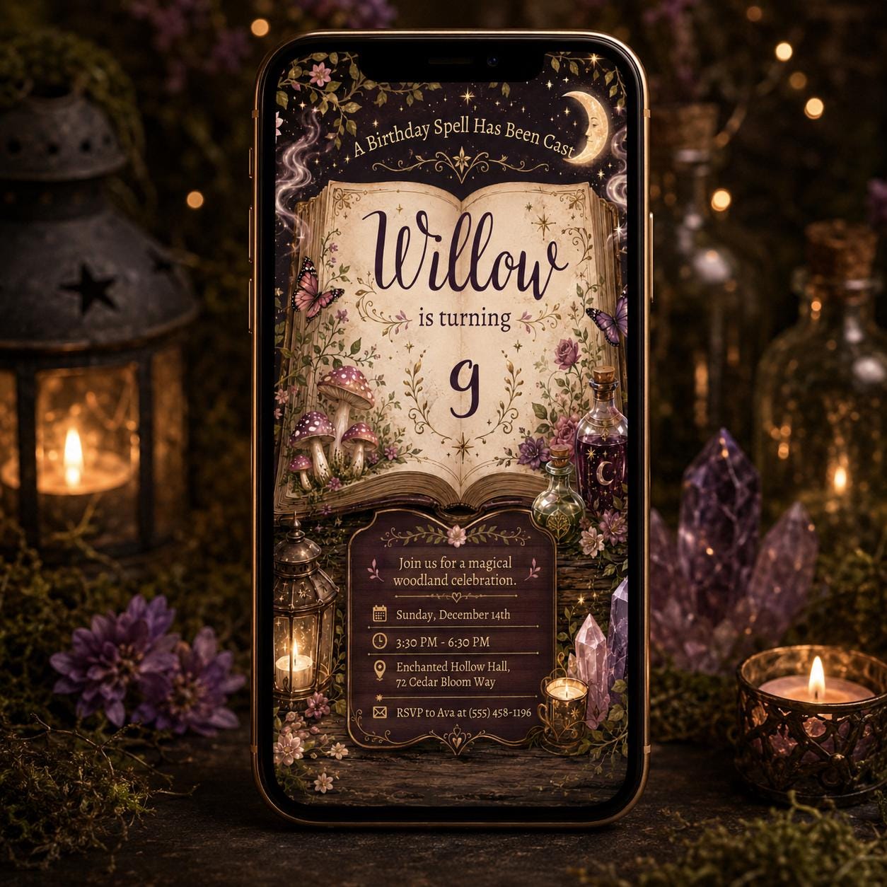 Editable Magic Spell Birthday Invitation Template, Woodland Fairy Witch Party Canva Invite, Enchanted 9th Birthday, invitation Girl DIY __etsy:8105837636