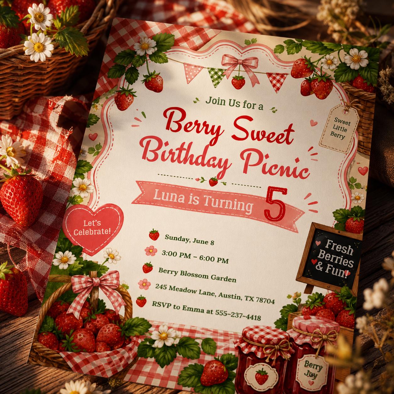 Berry First Birthday Invitation, Strawberry Birthday Invitation, Strawberry Party Invite, 1st Birthday Girl, Berry Sweet First Birthday Pink __etsy:8107265969