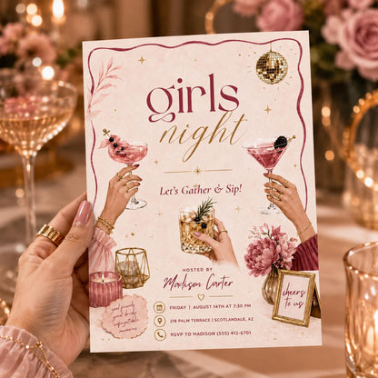 Pink Cocktail Girls Night Invitation — disco ball design