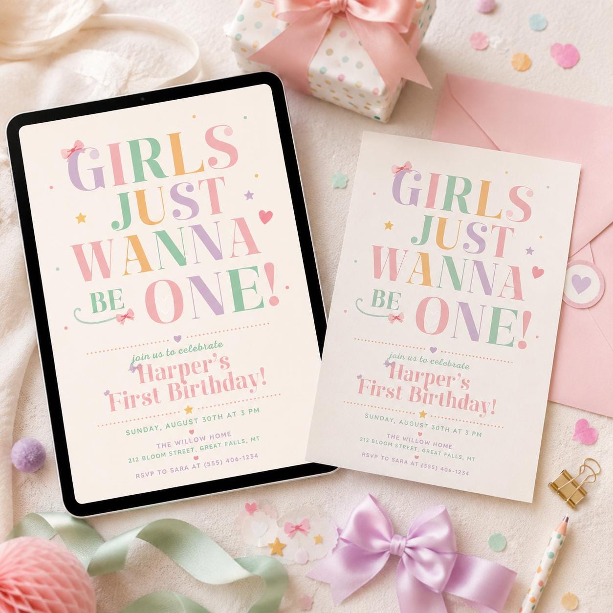 Pink Bow 1st Birthday Invitation, Girls Just Wanna Be ONE, Coquette Girl Pink Ribbon Invite, Elegant Party EDITABLE. Canva Template __etsy:8107418921