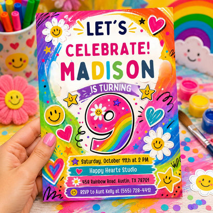 Rainbow Daisy 9th Birthday Invitation — invitation you personalize in Canva