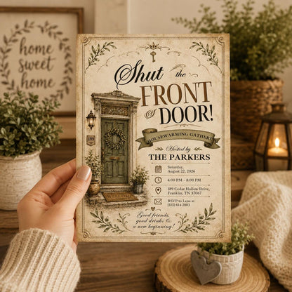 Vintage Shut the Front Door Housewarming Invitation — invitation you personalize in Canva