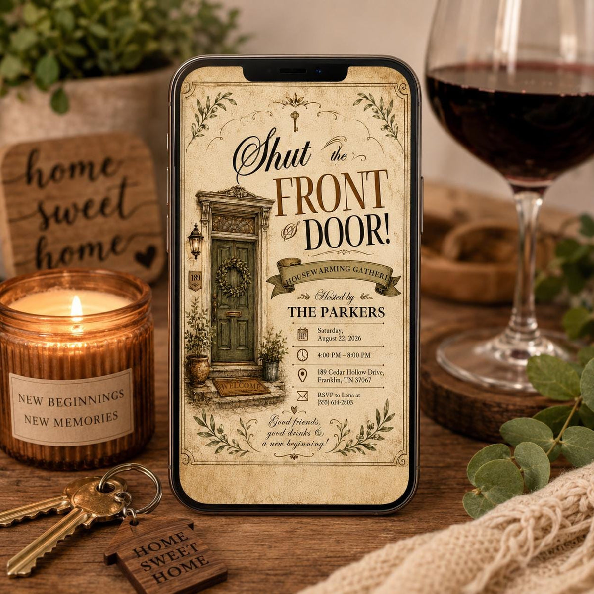 Vintage Shut the Front Door Housewarming Invitation — print-ready housewarming design from VoltBy