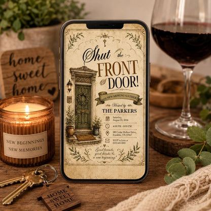 Vintage Shut the Front Door Housewarming Invitation — print-ready housewarming design from VoltBy