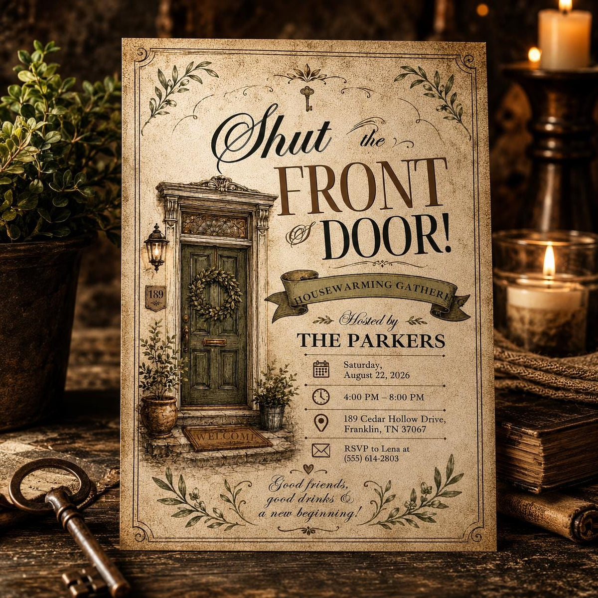 Vintage Shut the Front Door Housewarming Invitation — digital invitation, instant download