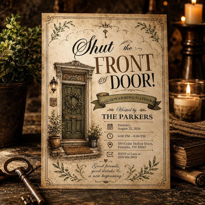 Vintage Shut the Front Door Housewarming Invitation — digital invitation, instant download