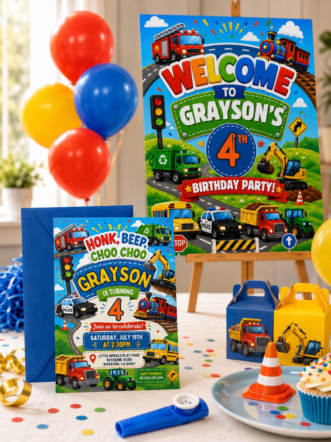 Transportation Birthday Invitation Honk, Beep Choo Choo, Editable welcome sign, Truck and Cars welcome sign, Boy Birthday welcome sign Canva __etsy:8109424903
