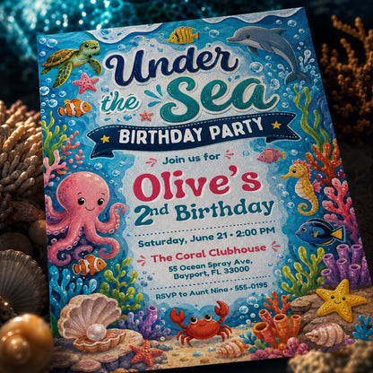 Pink Watercolor Mermaid Birthday Invitation — print-ready birthday party design from VoltBy