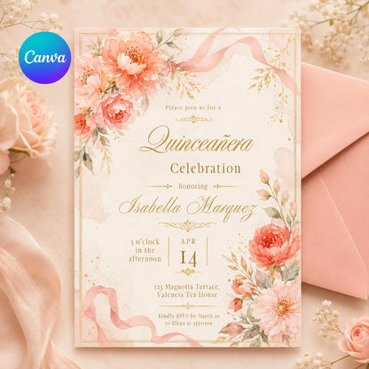 Coral Floral Quinceañera Invitation with Ribbon Detail — editable Canva template