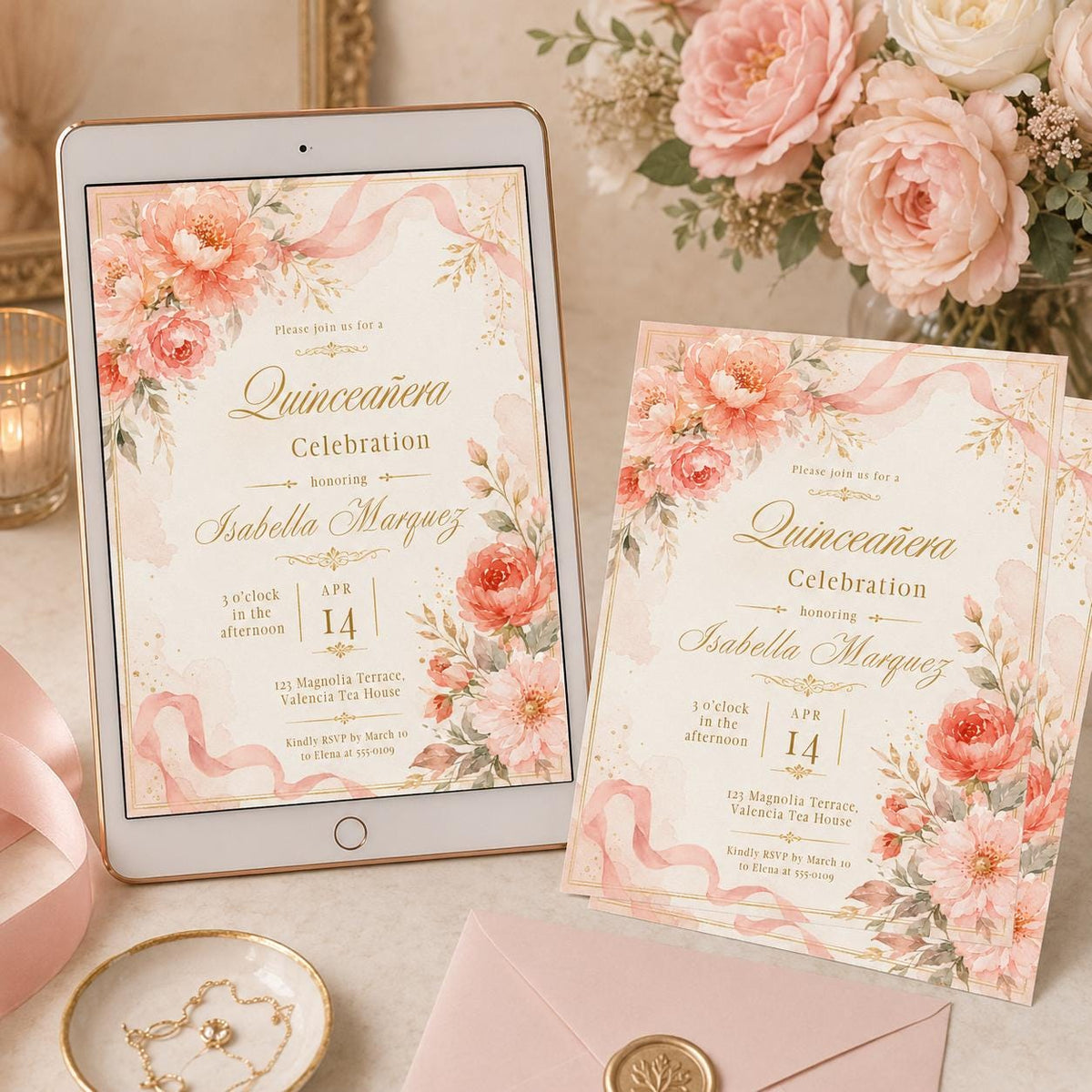 Coral Floral Quinceañera Invitation with Ribbon Detail — print-ready quinceañera design from VoltBy