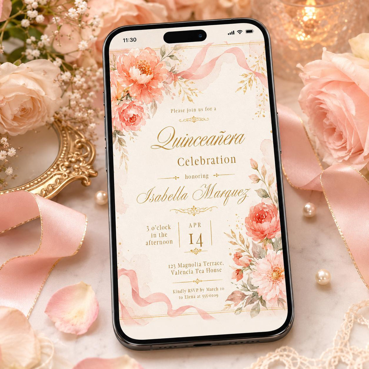 Coral Floral Quinceañera Invitation with Ribbon Detail — digital invitation, instant download