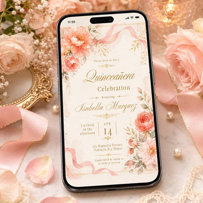 Coral Floral Quinceañera Invitation with Ribbon Detail — digital invitation, instant download