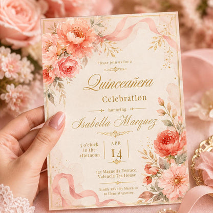 Coral Floral Quinceañera Invitation with Ribbon Detail — quinceañera stationery by VoltBy