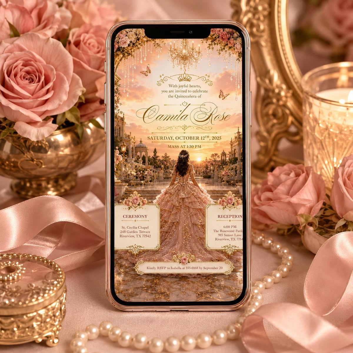 Rose Gold Quinceañera Invitation with Palace Garden Scene — design view 2