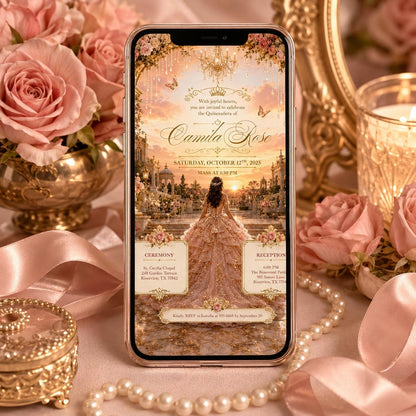 Rose Gold Quinceañera Invitation with Palace Garden Scene — design view 2
