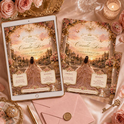 Rose Gold Quinceañera Invitation with Palace Garden Scene — digital invitation, instant download