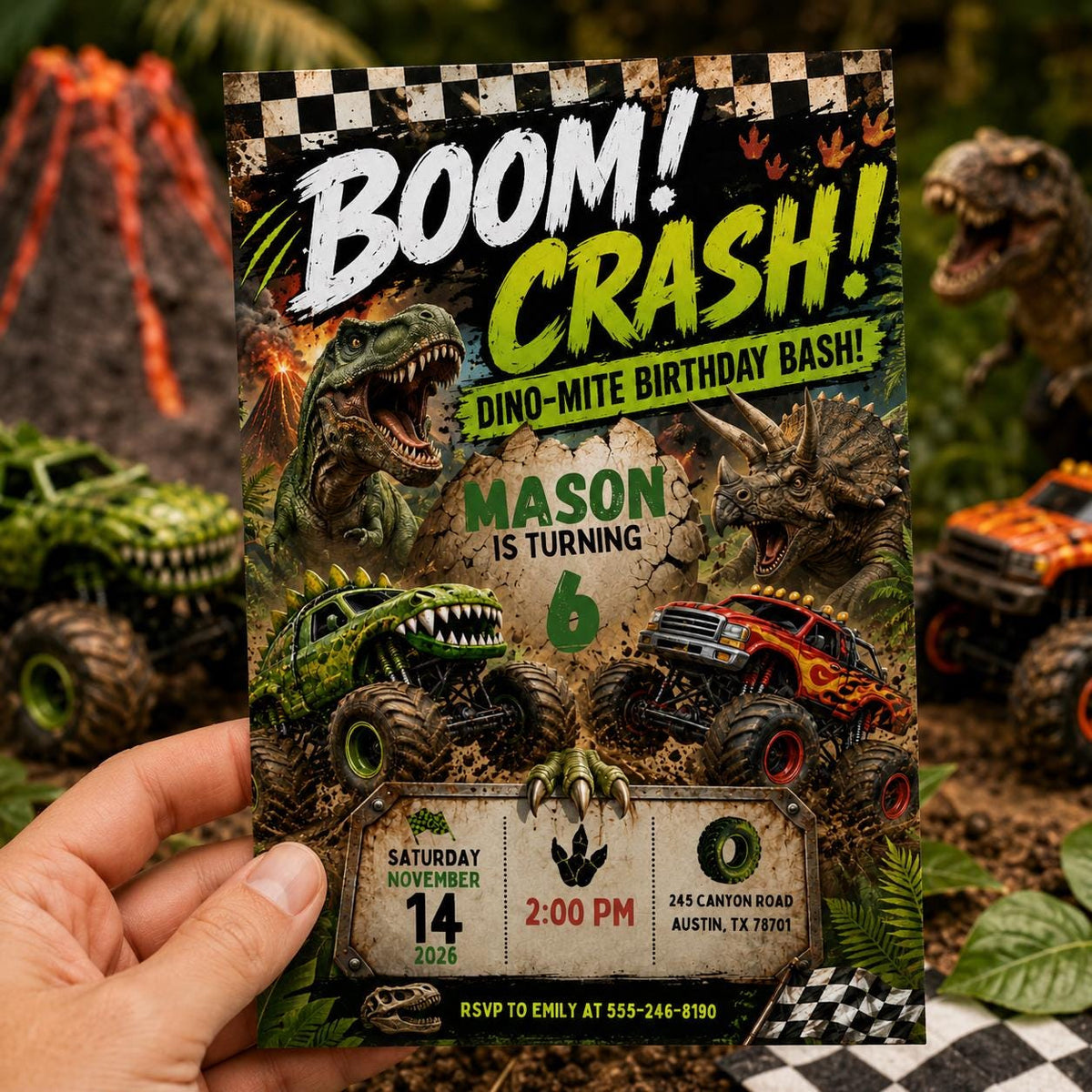 Dinosaur Monster Truck 6th Birthday Invitation — invitation you personalize in Canva