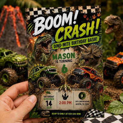 Dinosaur Monster Truck 6th Birthday Invitation — invitation you personalize in Canva