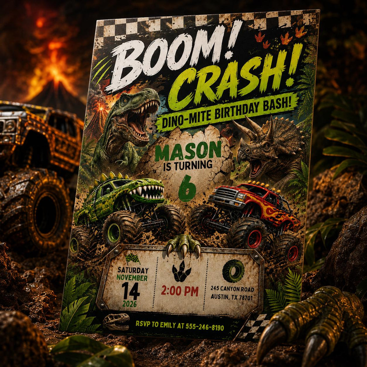 Dinosaur Monster Truck 6th Birthday Invitation — 6th birthday party stationery by VoltBy