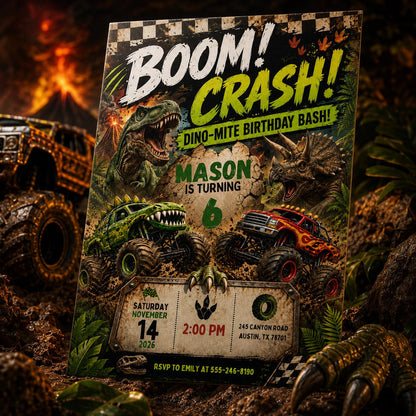 Dinosaur Monster Truck 6th Birthday Invitation — 6th birthday party stationery by VoltBy