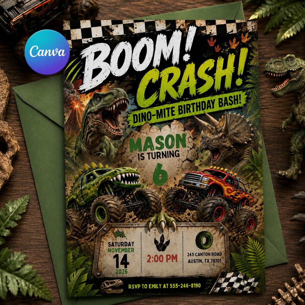 Dinosaur Monster Truck 6th Birthday Invitation — editable Canva template