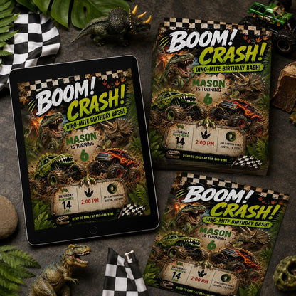 Dinosaur Monster Truck 6th Birthday Invitation — digital invitation, instant download