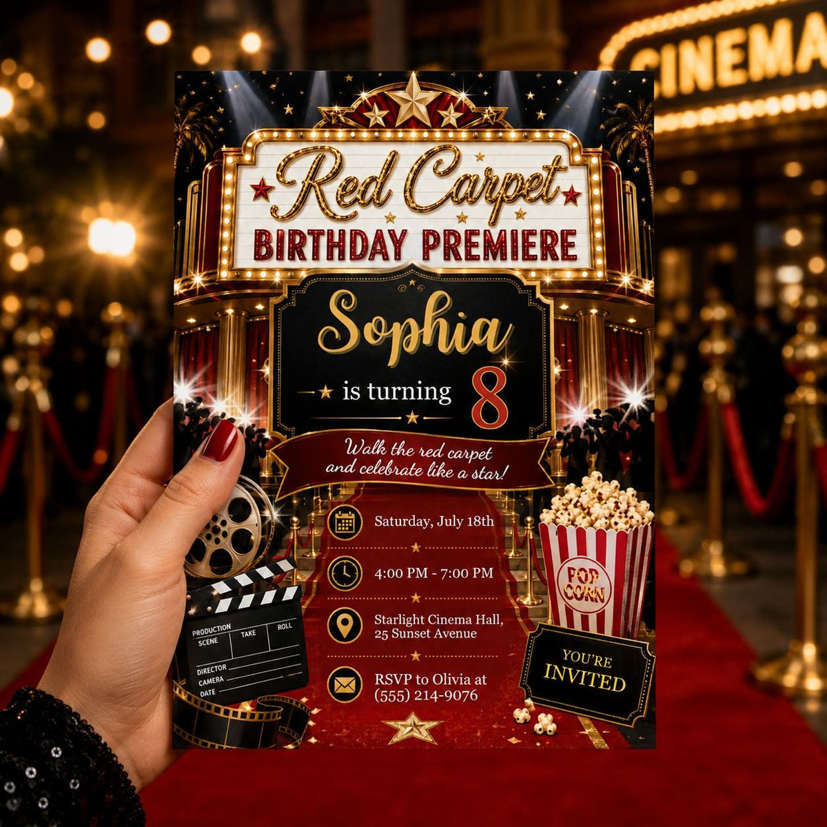 Red Carpet Birthday Invitation Girl Movie Premiere Party Invite Sophia Turns 8 Hollywood Glam Canva template Editable Digital Printable VIP __etsy:8111510516