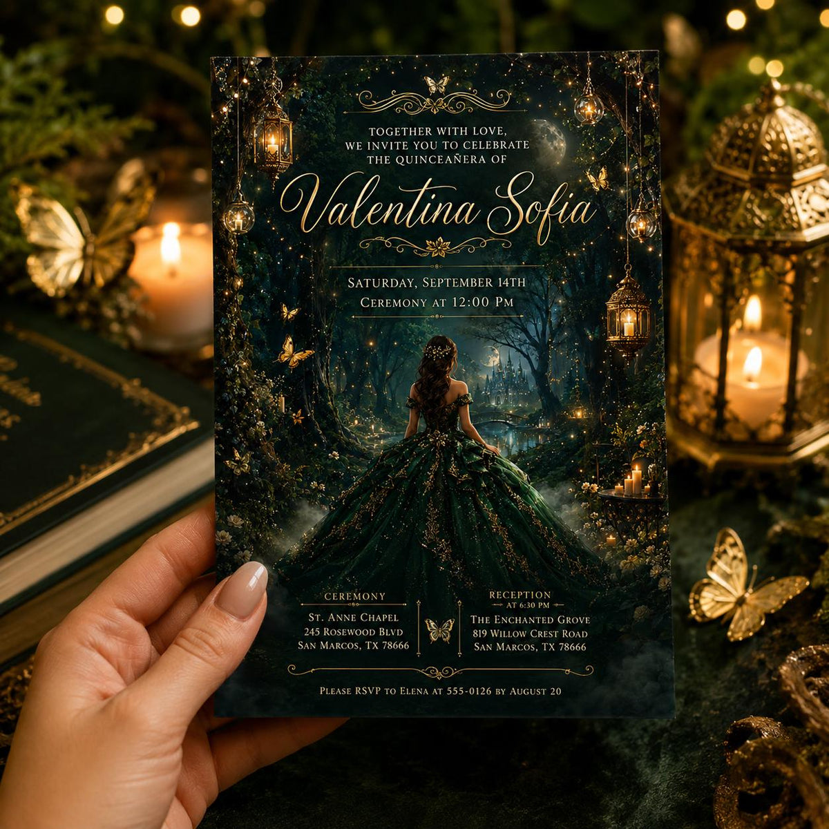 Enchanted Forest Quinceañera Invitation with Emerald Gown — invitation you personalize in Canva