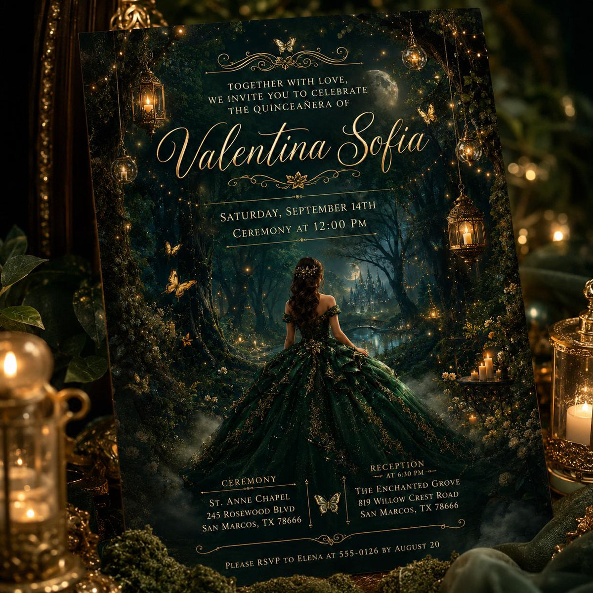 Enchanted Forest Quinceañera Invitation with Emerald Gown — digital invitation, instant download