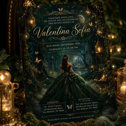 Enchanted Forest Quinceañera Invitation with Emerald Gown — digital invitation, instant download