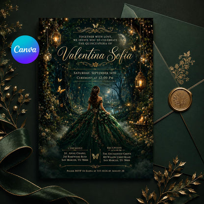 Enchanted Forest Quinceañera Invitation with Emerald Gown — editable Canva template
