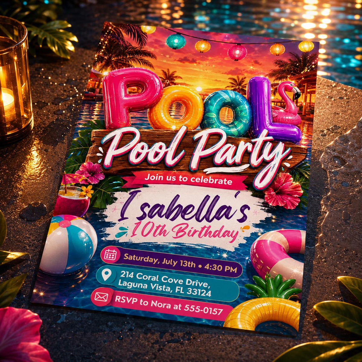 Sunset Pool Party 10th Birthday Invitation with Balloon Letters — print-ready 10th birthday party design from VoltBy