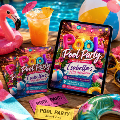 Sunset Pool Party 10th Birthday Invitation with Balloon Letters — digital invitation, instant download