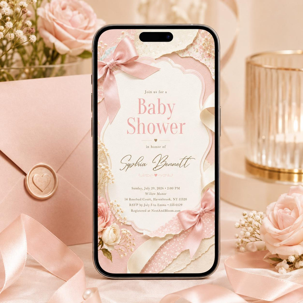 Pink Bow Baby Shower Invitation with Scalloped Frame — invitation you personalize in Canva